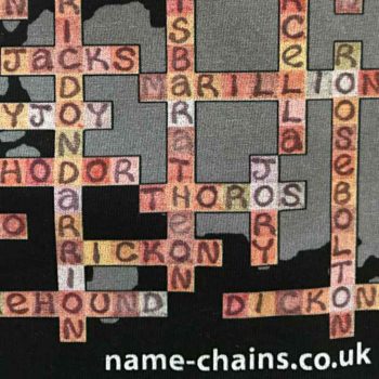 Image of Game of Thrones black name-chains t-shirt— close up of bottom right showing logo with background design of Westeros and Essos