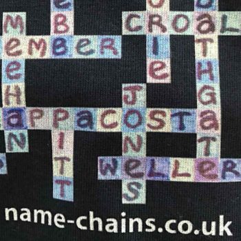 Image of Chelsea FC name-chains black t-shirt - close up of bottom right showing name-chains logo