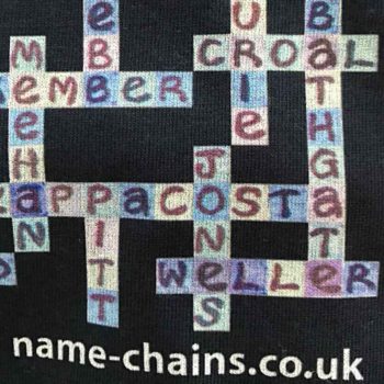 Image of Chelsea FC name-chains navy t-shirt - close up of bottom right showing name-chains logo