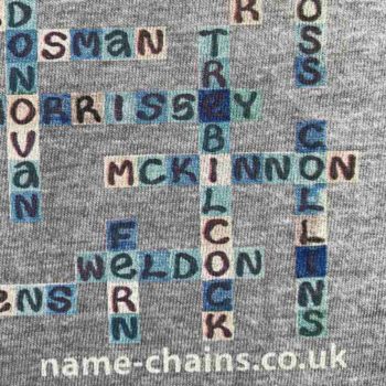 Image of Everton FC name-chains grey t-shirt - close up of bottom right showing name-chains logo