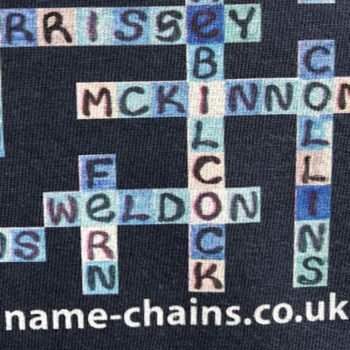 Image of Everton FC name-chains navy t-shirt - close up of bottom right showing name-chains logo