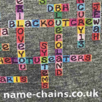 Image of Liverpool Bands name-chains grey t-shirt - close up of bottom right showing name-chains logo