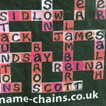 Image of Liverpool FC name-chains bottle green -shirt - close up of bottom right showing name-chains logo