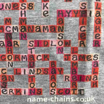 Image of Liverpool FC name-chains grey t-shirt - close up of bottom right showing name-chains logo