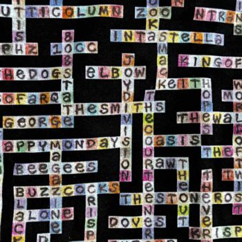 Image of Manchester Bands name-chains black t-shirt - close up of middle showing details