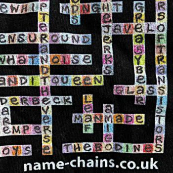 Image of Manchester Bands name-chains black t-shirt - close up of bottom right showing name-chains logo