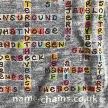 Image of Manchester Bands name-chains grey t-shirt - close up of bottom right showing name-chains logo