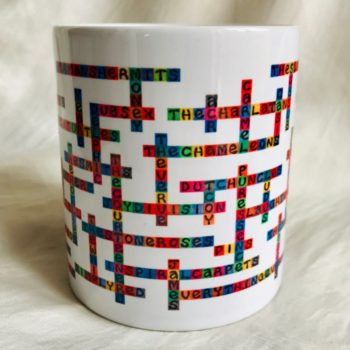 image of manchester bands name-chains mug showing front of mug with handle hidden at the back